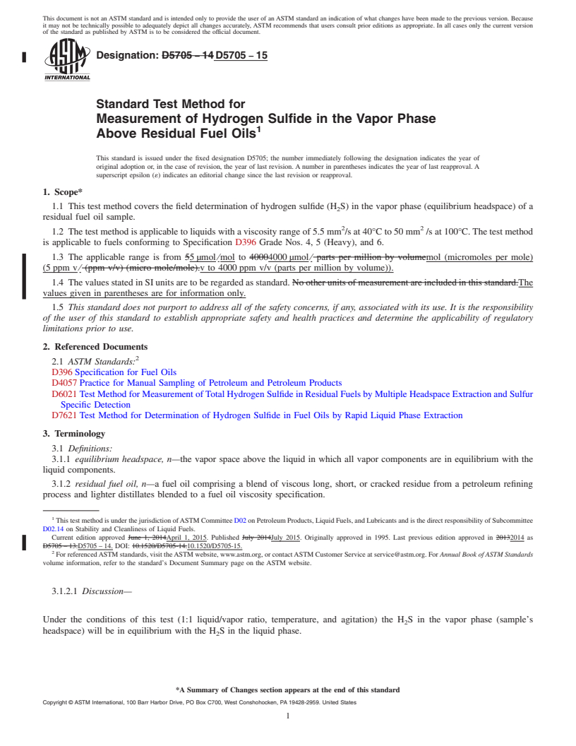 REDLINE ASTM D5705-15 - Standard Test Method for  Measurement of Hydrogen Sulfide in the Vapor Phase Above Residual  Fuel Oils