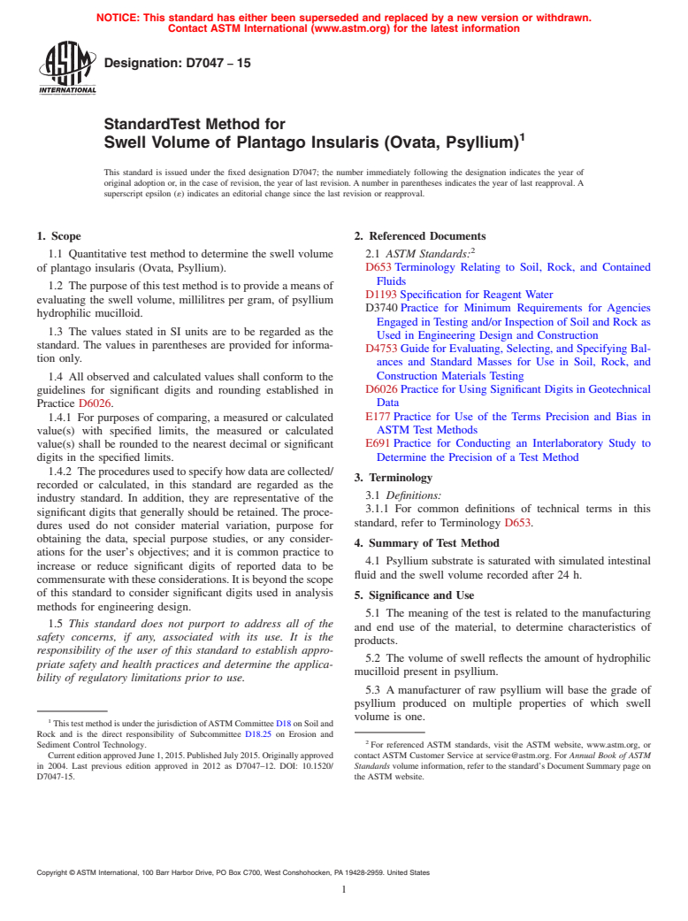 ASTM D7047-15 - Standard Test Method for Swell Volume of Plantago Insularis (Ovata, Psyllium)