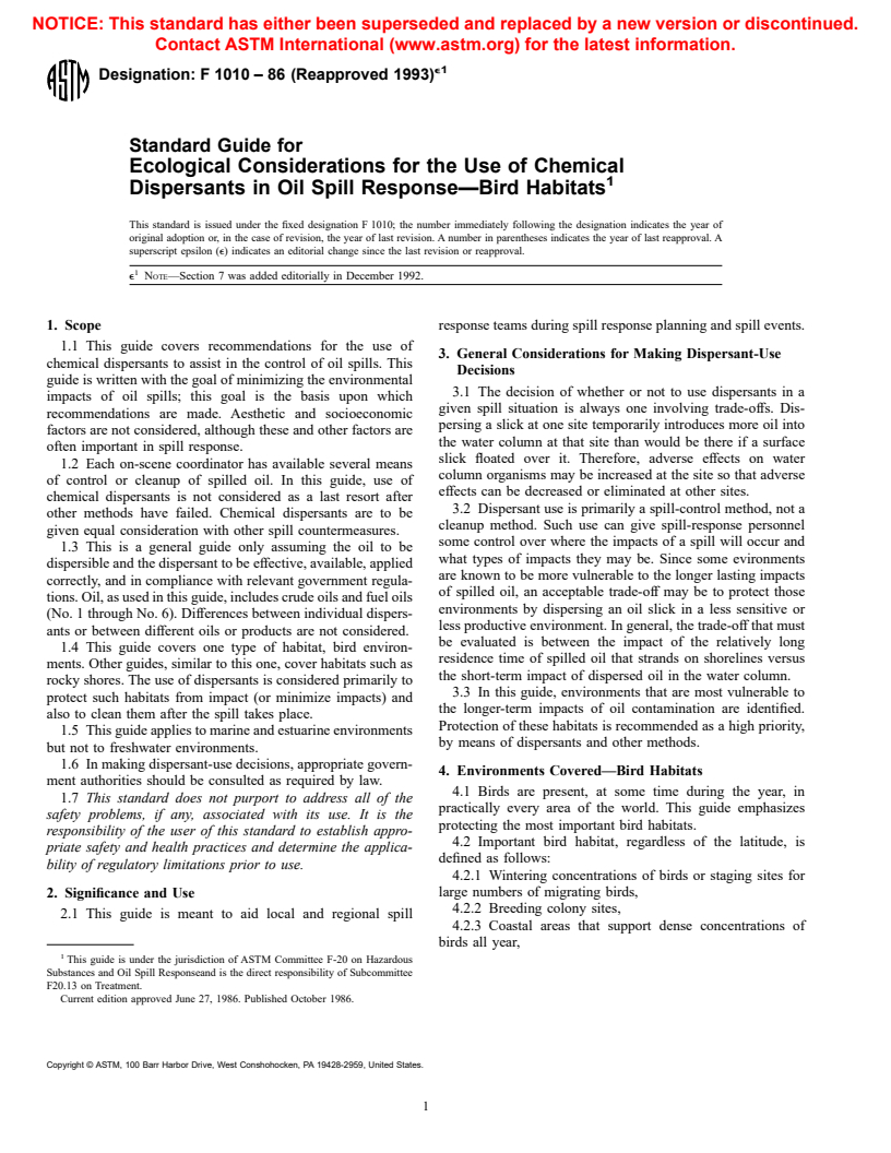 ASTM F1010-86(1993)e1 - Guide for Ecological Considerations for the Use of Chemical Dispersants in Oil Spill Response-Bird Habitats (Withdrawn October 2001)