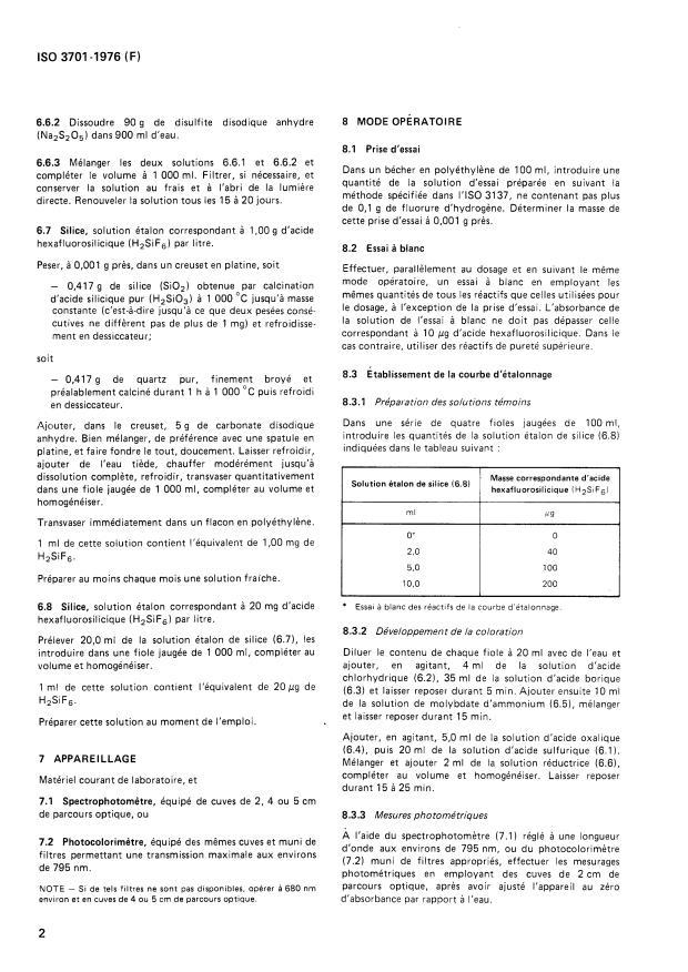 ISO 3701:1976 - Fluorure d'hydrogene anhydre a usage industriel -- Dosage de l'acide hexafluorosilicique -- Méthode photométrique au molybdosilicate réduit