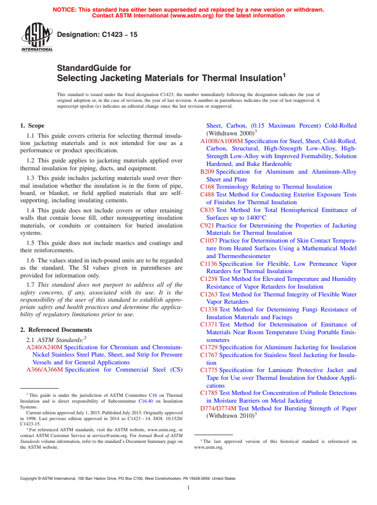 ASTM C1423-15 - Standard Guide for  Selecting Jacketing Materials for Thermal Insulation