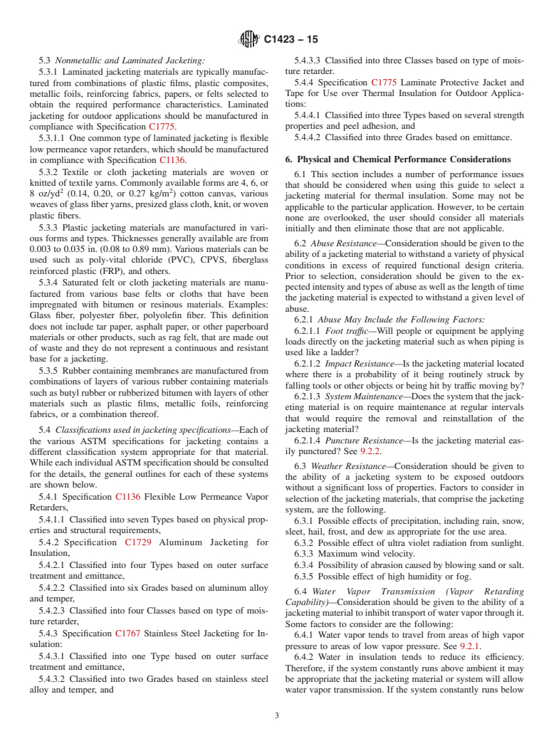 ASTM C1423-15 - Standard Guide for  Selecting Jacketing Materials for Thermal Insulation