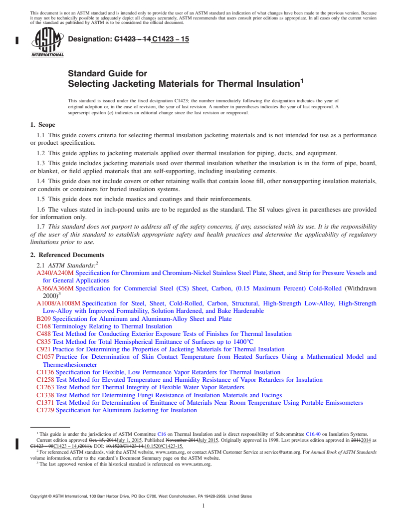 REDLINE ASTM C1423-15 - Standard Guide for  Selecting Jacketing Materials for Thermal Insulation