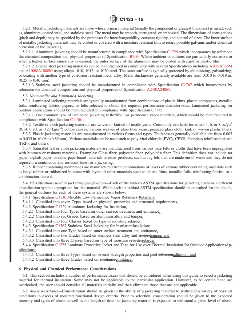 REDLINE ASTM C1423-15 - Standard Guide for  Selecting Jacketing Materials for Thermal Insulation