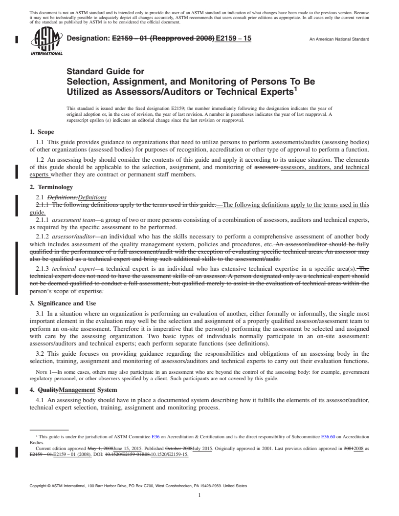 REDLINE ASTM E2159-15 - Standard Guide for  Selection, Assignment, and Monitoring of Persons To Be Utilized  as Assessors/Auditors or Technical Experts