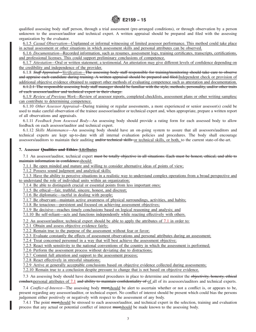 REDLINE ASTM E2159-15 - Standard Guide for  Selection, Assignment, and Monitoring of Persons To Be Utilized  as Assessors/Auditors or Technical Experts