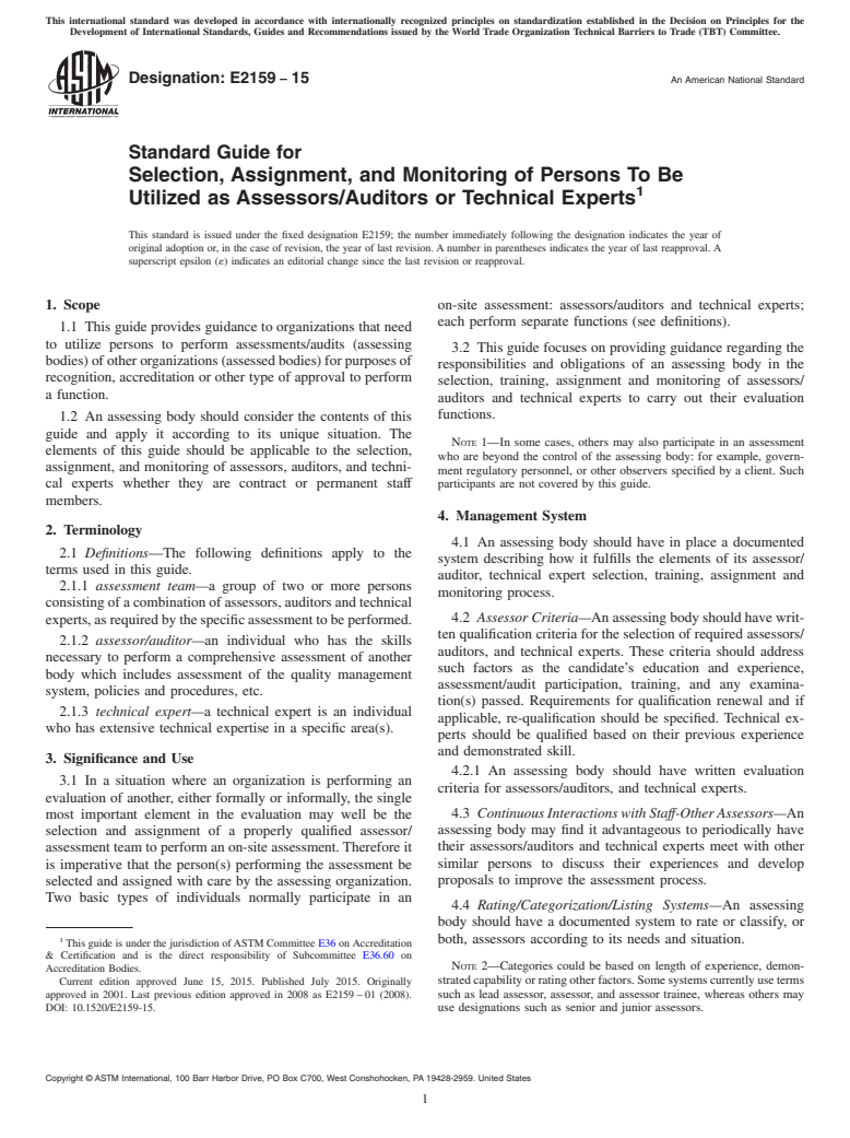 ASTM E2159-15 - Standard Guide for  Selection, Assignment, and Monitoring of Persons To Be Utilized  as Assessors/Auditors or Technical Experts