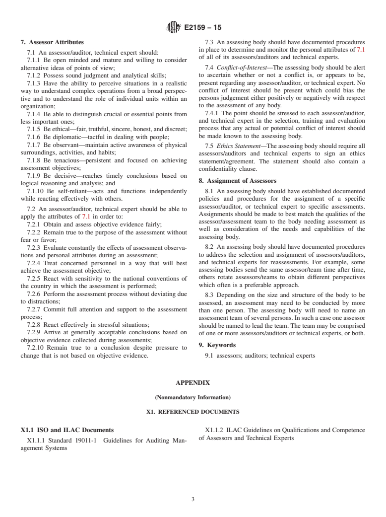 ASTM E2159-15 - Standard Guide for  Selection, Assignment, and Monitoring of Persons To Be Utilized  as Assessors/Auditors or Technical Experts