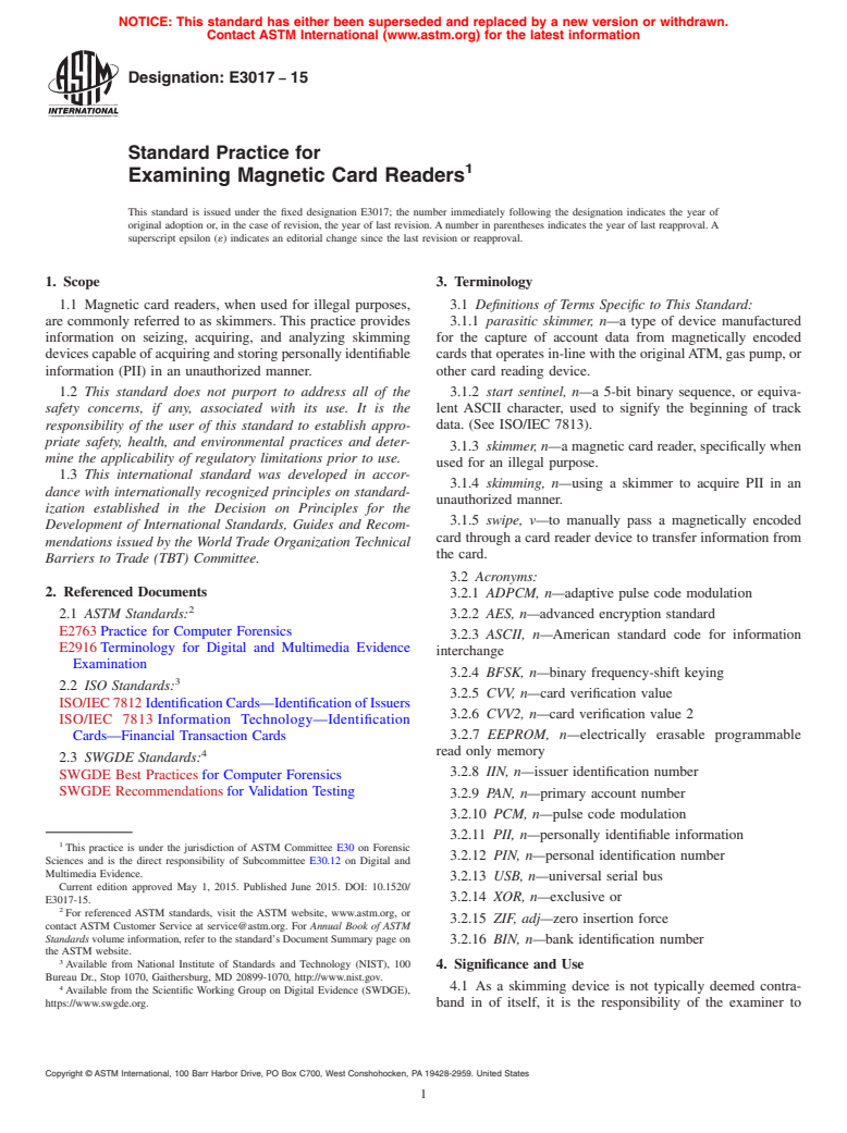 ASTM E3017-15 - Standard Practice for Examining Magnetic Card Readers