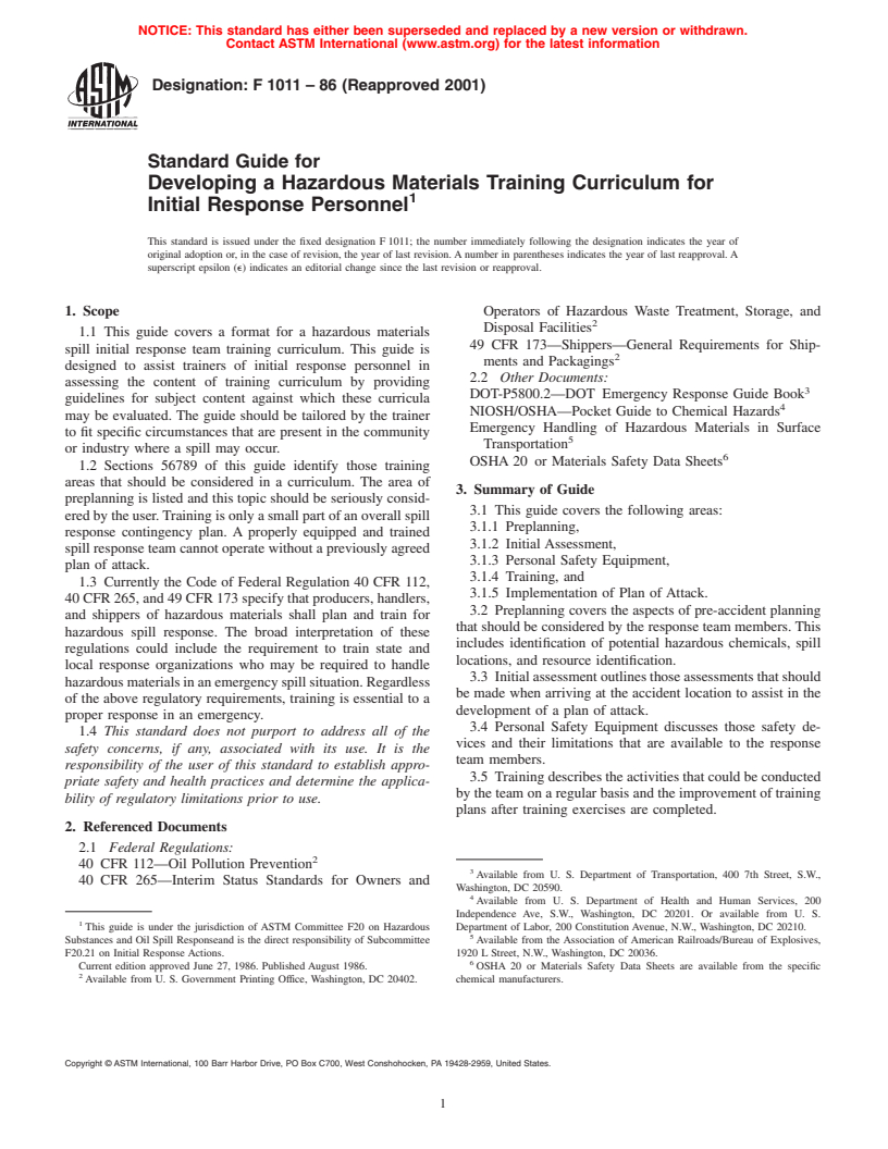 ASTM F1011-86(2001) - Standard Guide for Developing a Hazardous Materials Training Curriculum for Initial Response Personnel