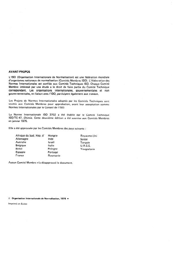 ISO 3702:1976 ISO 3702:1976 - Fluorure d'hydrogene anhydre a usage industriel -- Dosage du dioxyde de soufre -- Méthode iodométrique - Page 2 preview