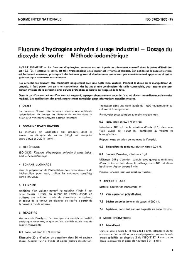 ISO 3702:1976 - Fluorure d'hydrogene anhydre a usage industriel -- Dosage du dioxyde de soufre -- Méthode iodométrique