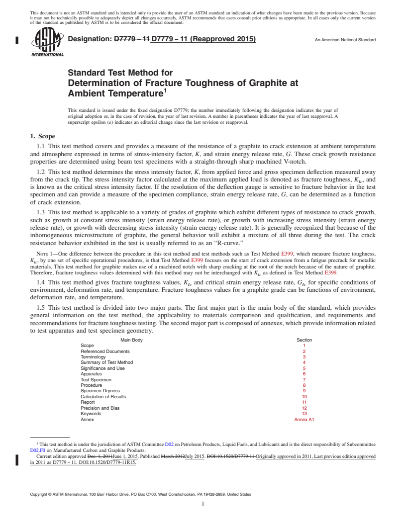 REDLINE ASTM D7779-11(2015) - Standard Test Method for  Determination of Fracture Toughness of Graphite at Ambient  Temperature