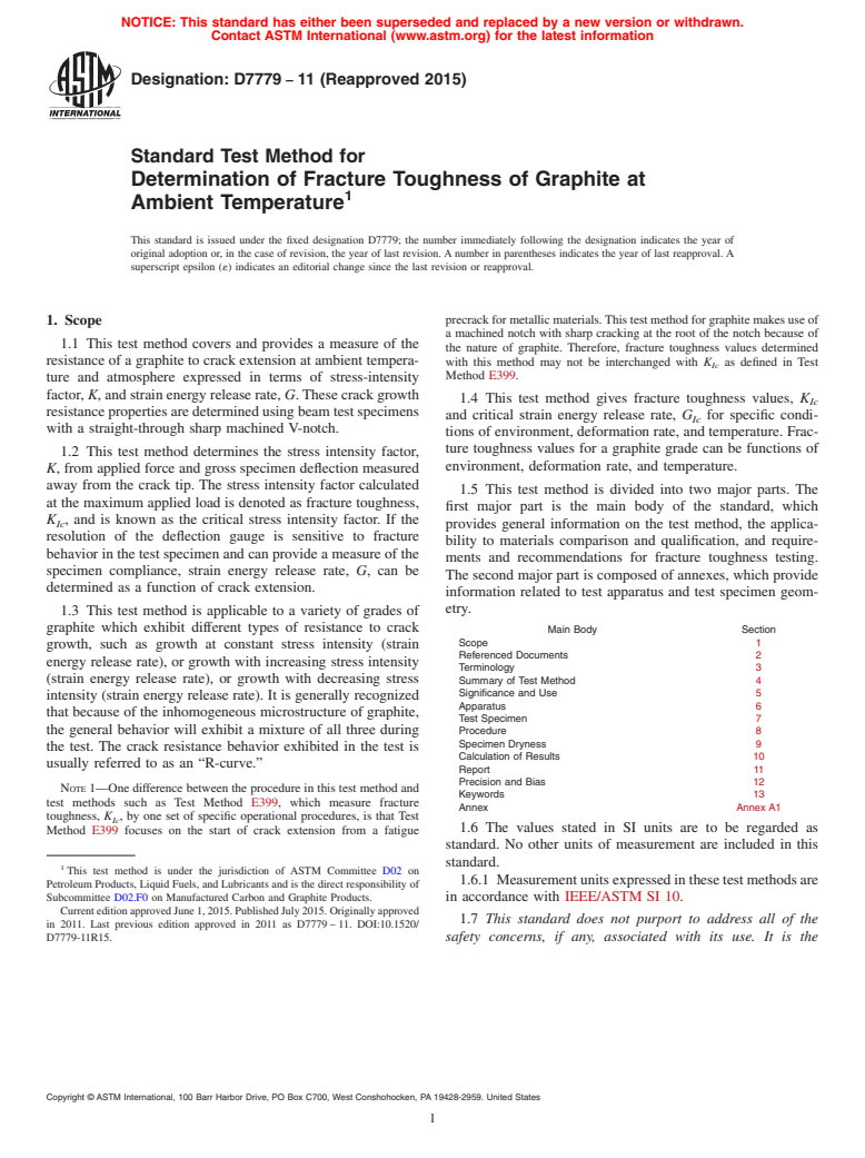 ASTM D7779-11(2015) - Standard Test Method for  Determination of Fracture Toughness of Graphite at Ambient  Temperature