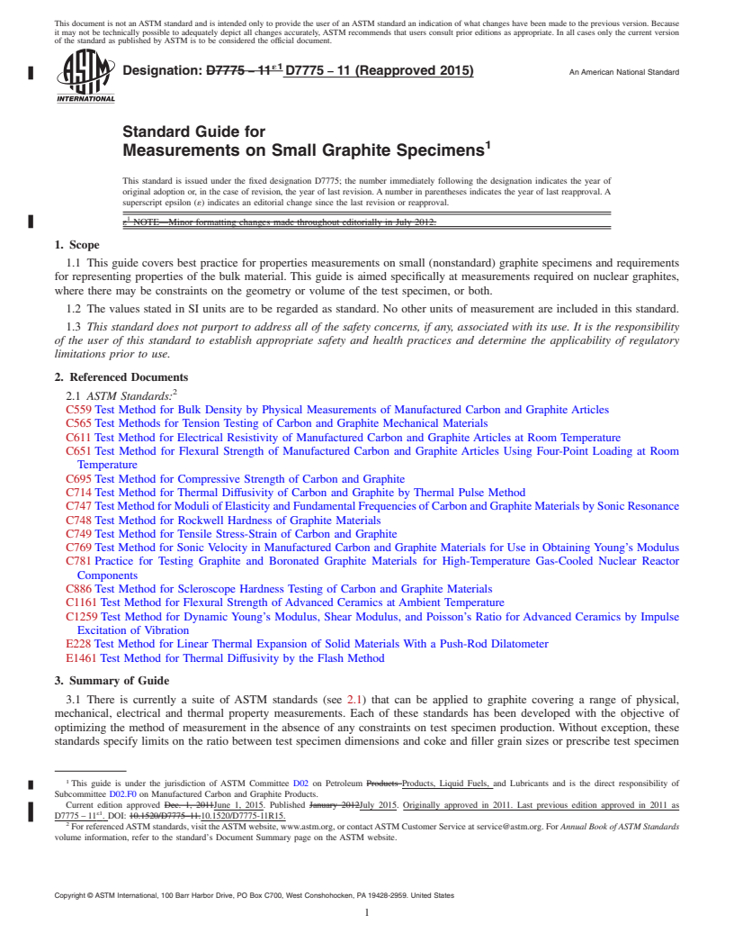 REDLINE ASTM D7775-11(2015) - Standard Guide for  Measurements on Small Graphite Specimens