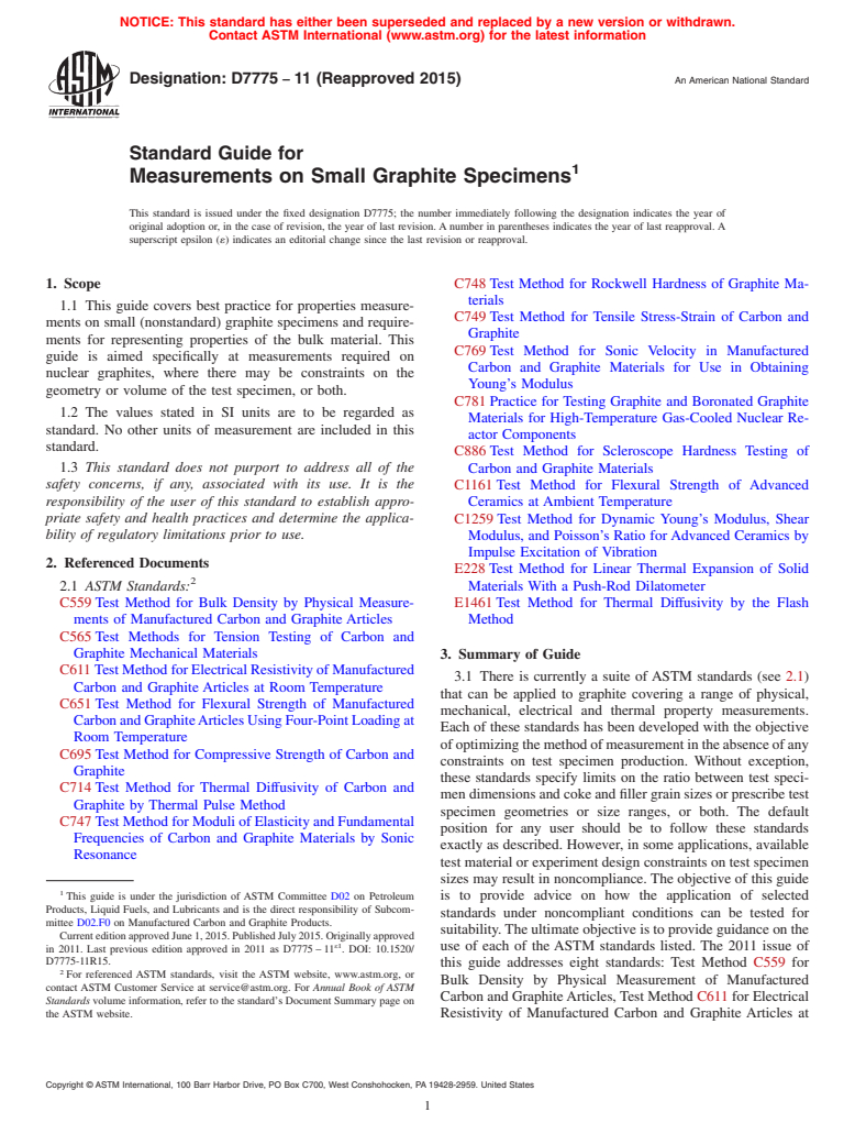 ASTM D7775-11(2015) - Standard Guide for  Measurements on Small Graphite Specimens