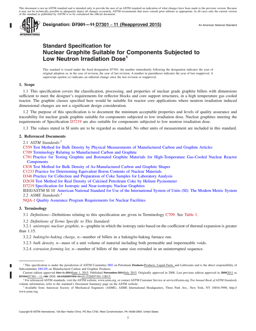 REDLINE ASTM D7301-11(2015) - Standard Specification for  Nuclear Graphite Suitable for Components Subjected to Low Neutron  Irradiation Dose