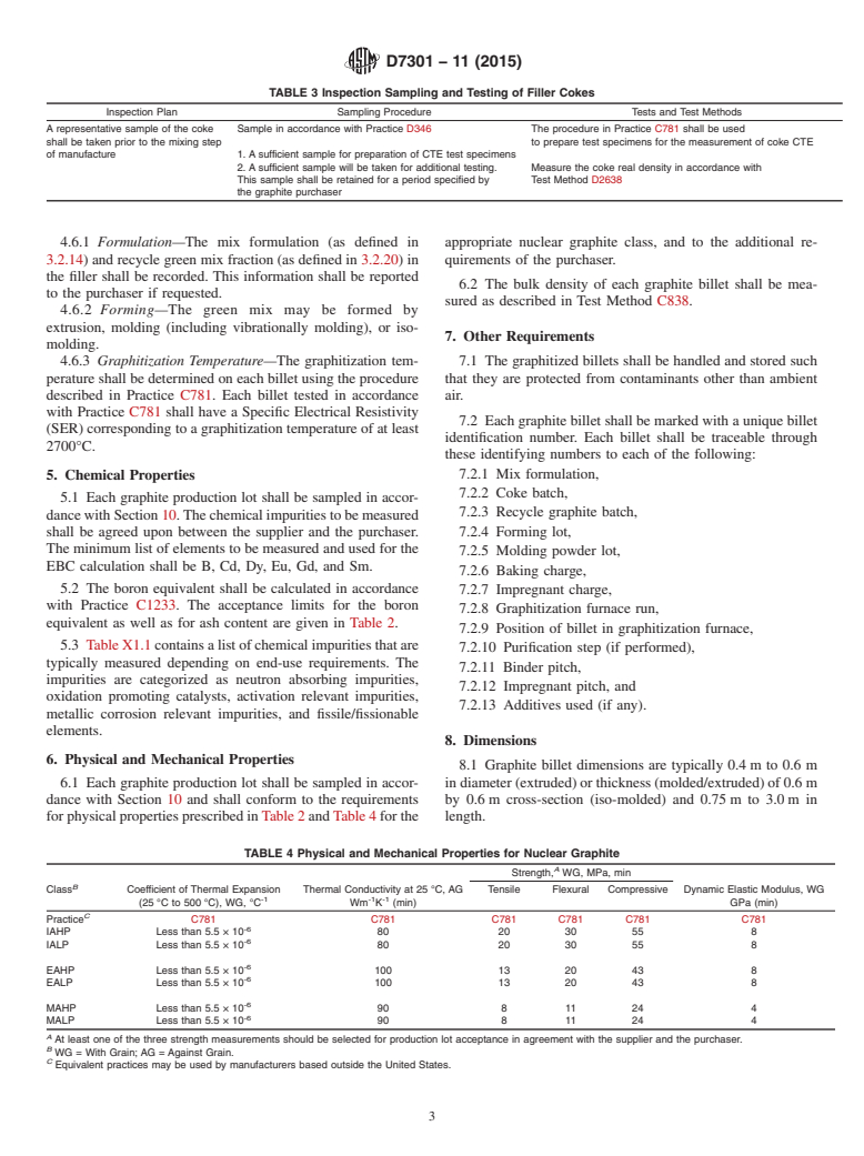 ASTM D7301-11(2015) - Standard Specification for  Nuclear Graphite Suitable for Components Subjected to Low Neutron  Irradiation Dose