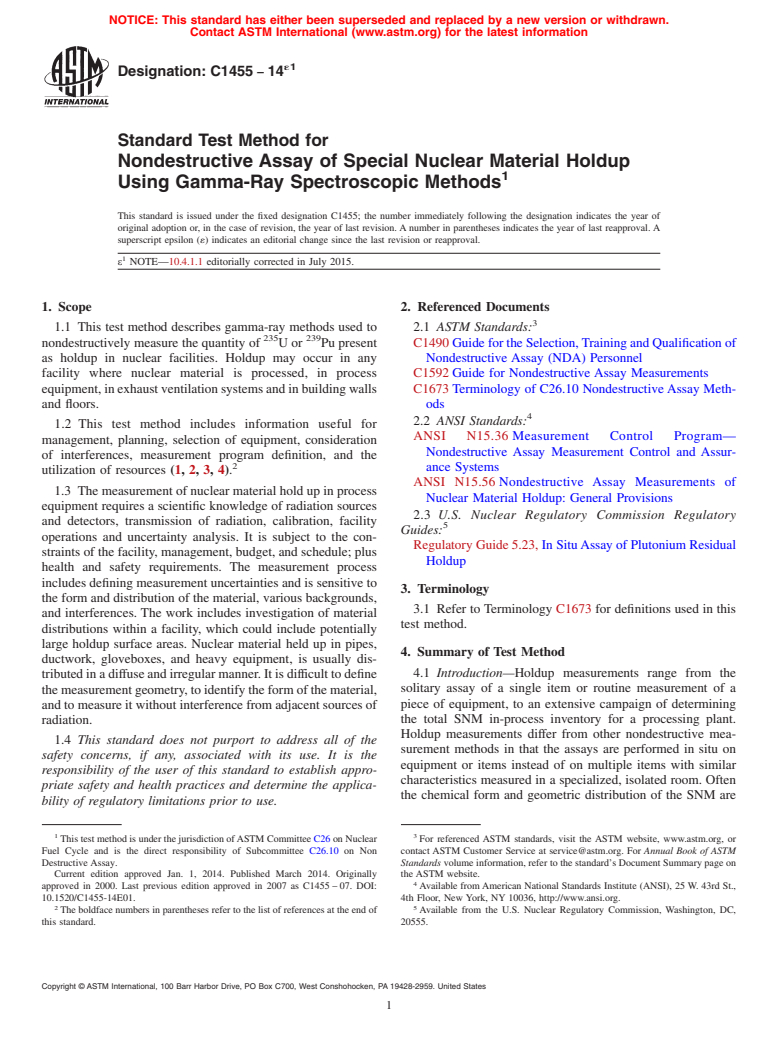 ASTM C1455-14e1 - Standard Test Method for  Nondestructive Assay of Special Nuclear Material Holdup Using  Gamma-Ray Spectroscopic Methods