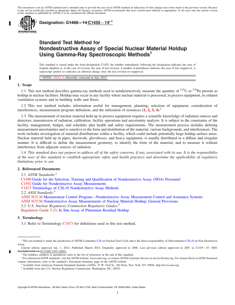 REDLINE ASTM C1455-14e1 - Standard Test Method for  Nondestructive Assay of Special Nuclear Material Holdup Using  Gamma-Ray Spectroscopic Methods