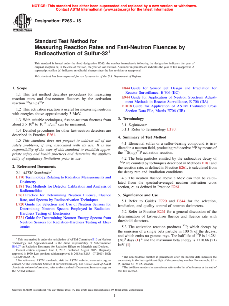 ASTM E265-15 - Standard Test Method for  Measuring Reaction Rates and Fast-Neutron Fluences by Radioactivation  of Sulfur-32