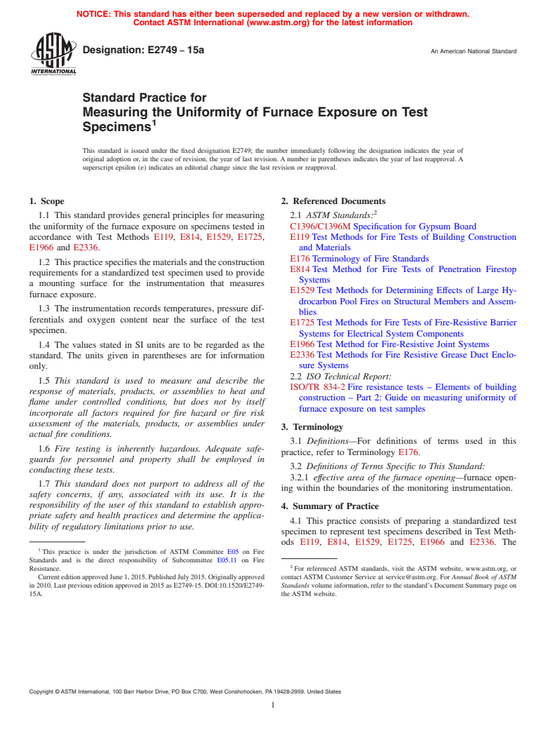 ASTM E2749-15a - Standard Practice for  Measuring the Uniformity of Furnace Exposure on Test Specimens