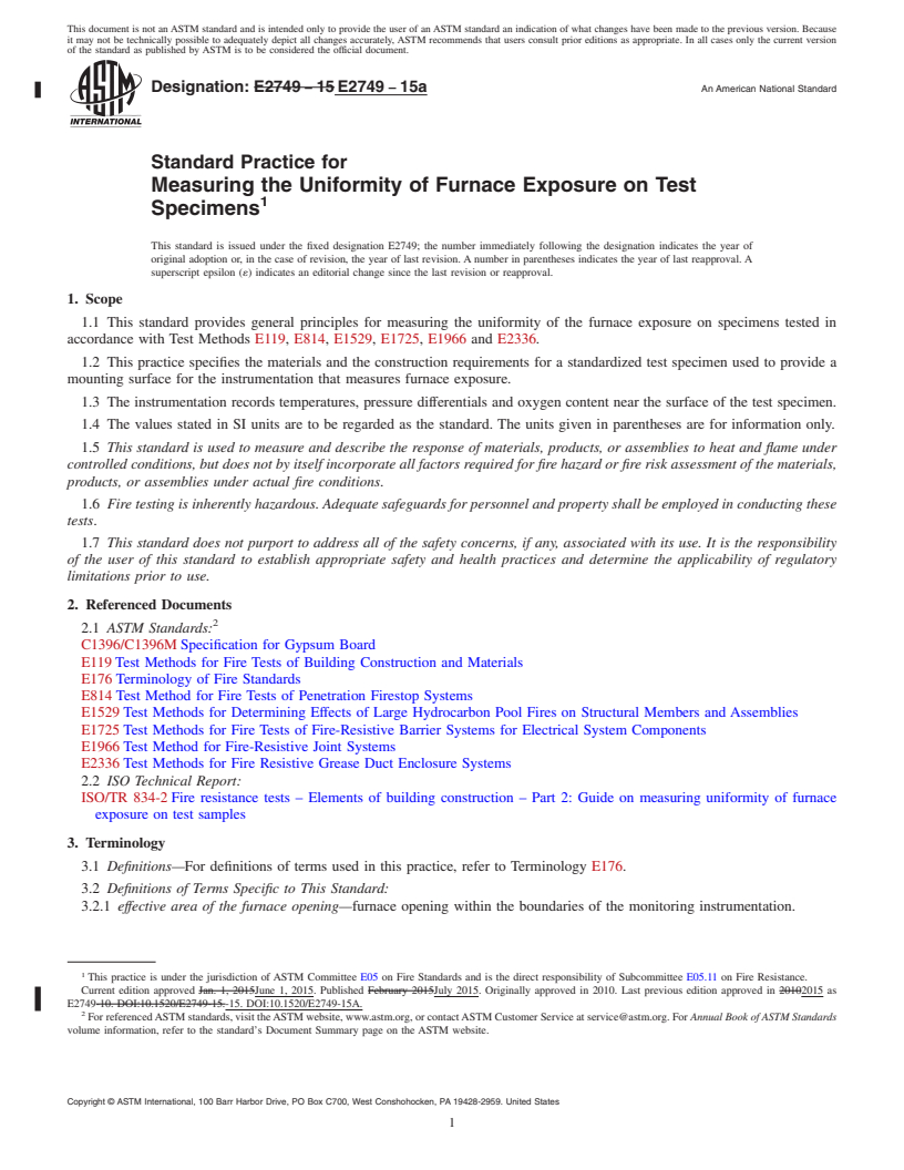 REDLINE ASTM E2749-15a - Standard Practice for  Measuring the Uniformity of Furnace Exposure on Test Specimens