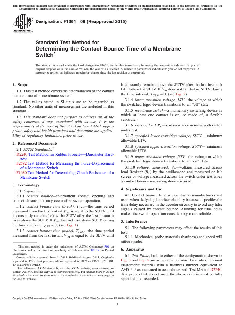 ASTM F1661-09(2015) - Standard Test Method for  Determining the Contact Bounce Time of a Membrane Switch