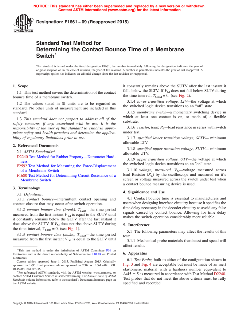 ASTM F1661-09(2015) - Standard Test Method for  Determining the Contact Bounce Time of a Membrane Switch (Withdrawn 2024)