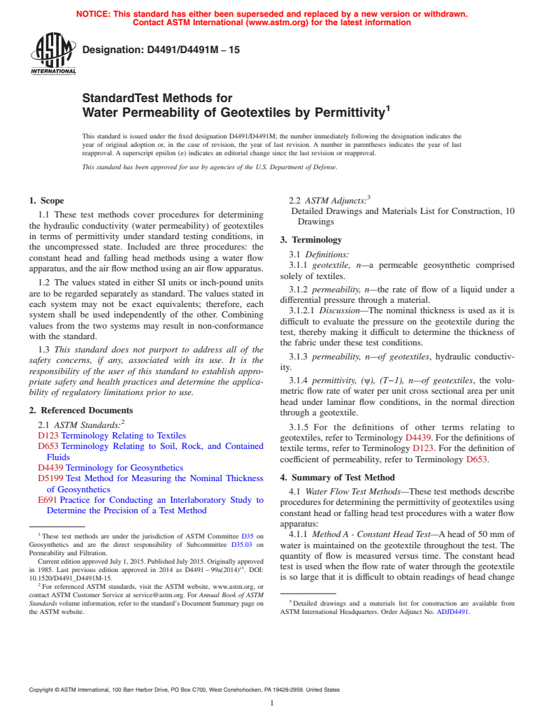 ASTM D4491/D4491M-15 - Standard Test Methods for Water Permeability of Geotextiles by Permittivity