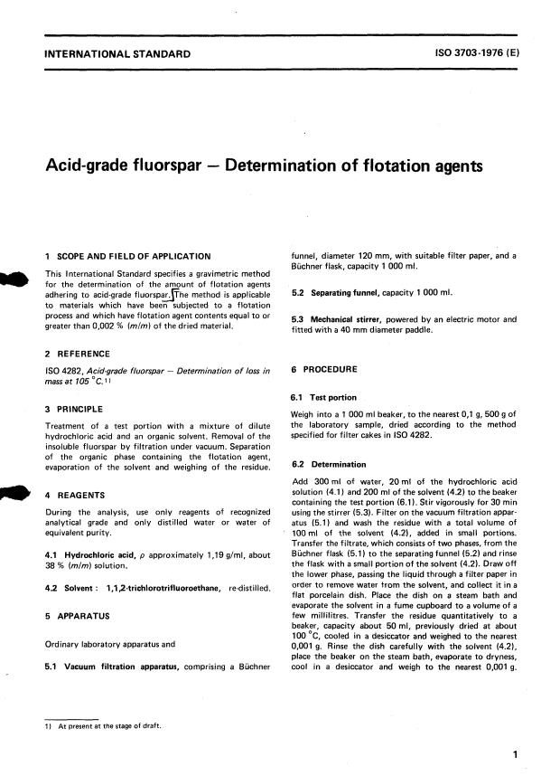 ISO 3703:1976 - Acid-grade fluorspar -- Determination of flotation agents