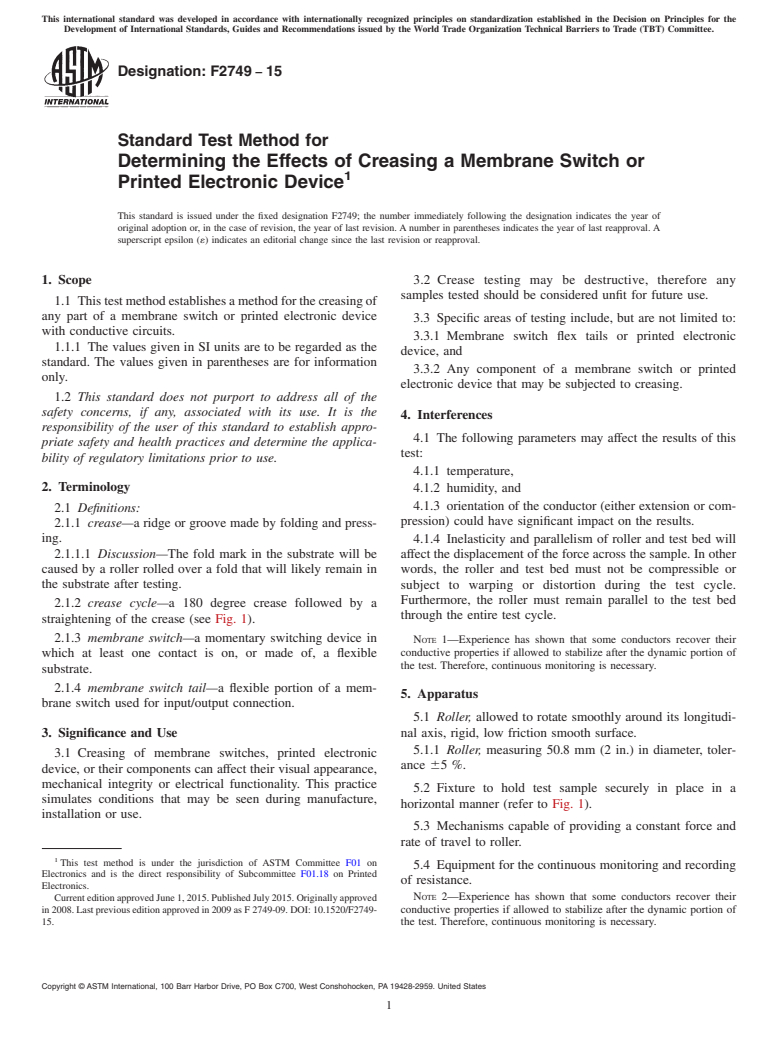 ASTM F2749-15 - Standard Test Method for  Determining the Effects of Creasing a Membrane Switch or Printed  Electronic Device