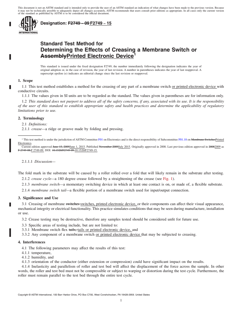 REDLINE ASTM F2749-15 - Standard Test Method for  Determining the Effects of Creasing a Membrane Switch or Printed  Electronic Device