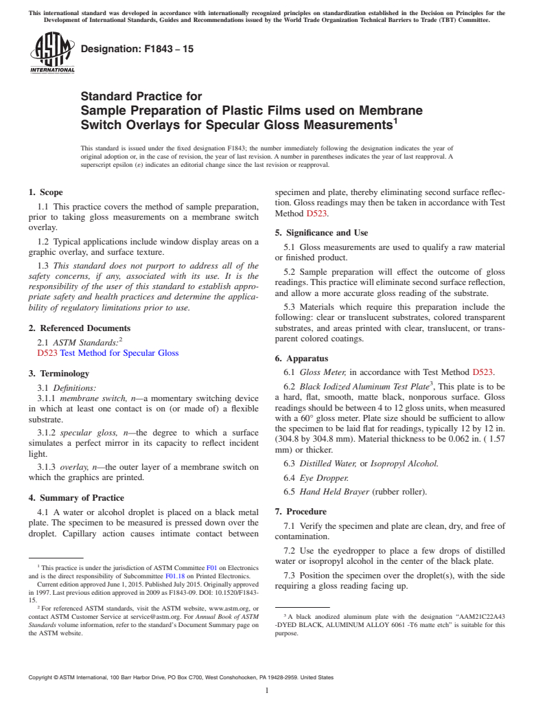 ASTM F1843-15 - Standard Practice for  Sample Preparation of Plastic Films used on Membrane Switch  Overlays for Specular Gloss Measurements