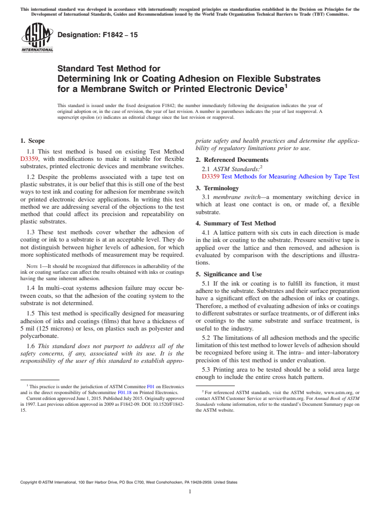 ASTM F1842-15 - Standard Test Method for  Determining Ink or Coating Adhesion on Flexible Substrates  for a Membrane Switch or Printed Electronic Device