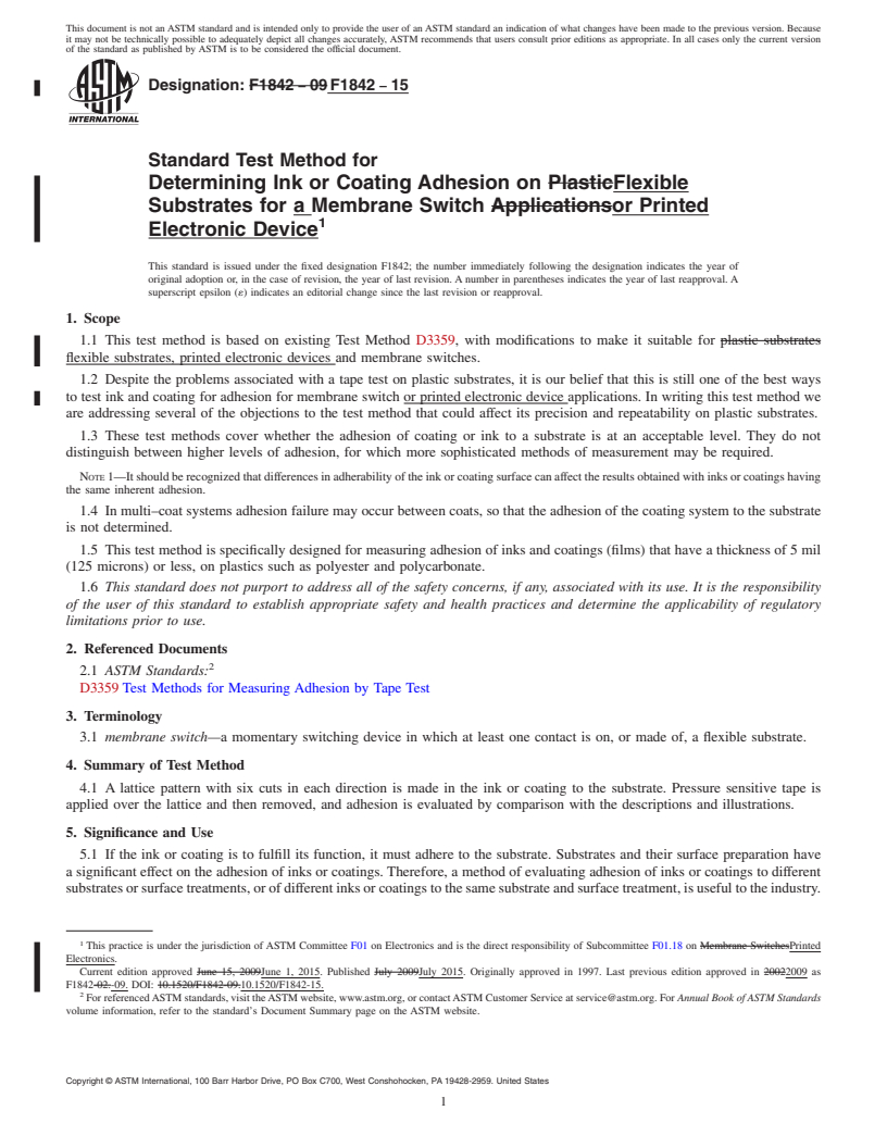 REDLINE ASTM F1842-15 - Standard Test Method for  Determining Ink or Coating Adhesion on Flexible Substrates  for a Membrane Switch or Printed Electronic Device