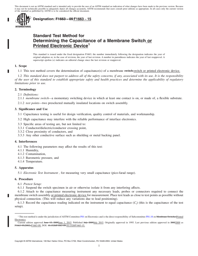 REDLINE ASTM F1663-15 - Standard Test Method for  Determining the Capacitance of a Membrane Switch or Printed  Electronic Device