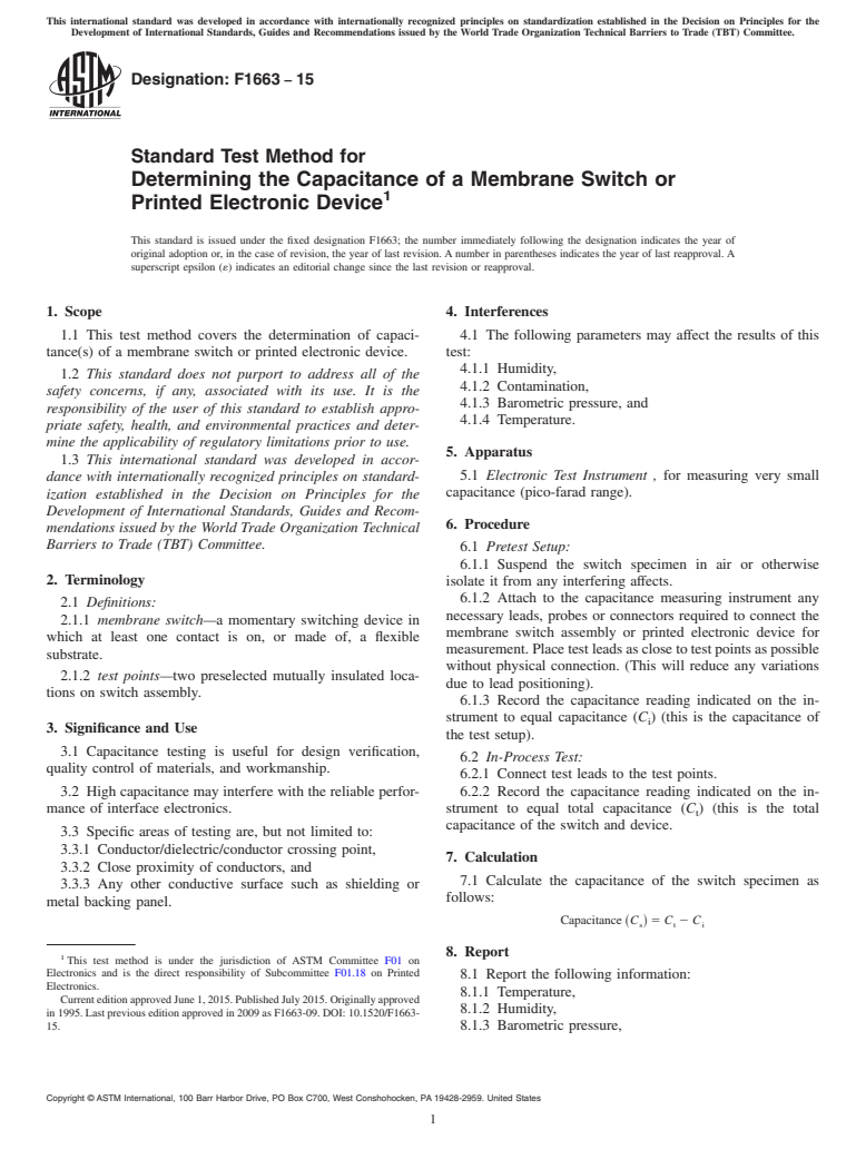 ASTM F1663-15 - Standard Test Method for  Determining the Capacitance of a Membrane Switch or Printed  Electronic Device