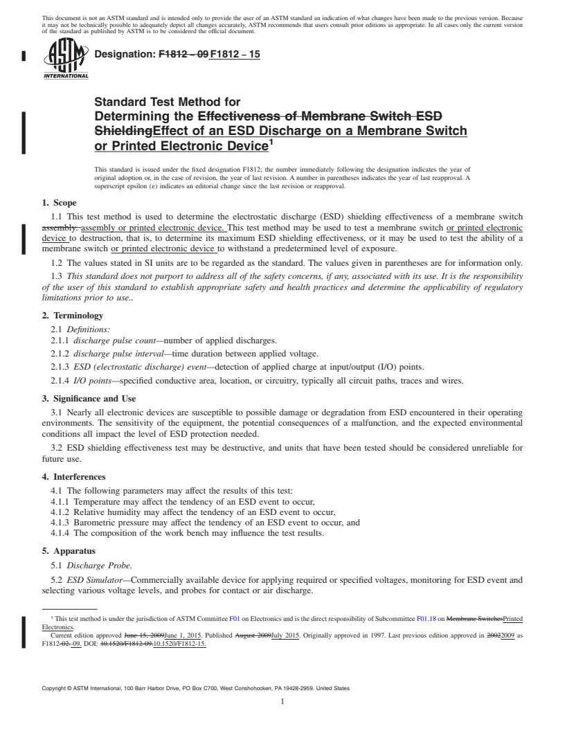 REDLINE ASTM F1812-15 - Standard Test Method for  Determining the Effect of an ESD Discharge on a Membrane Switch  or Printed Electronic Device