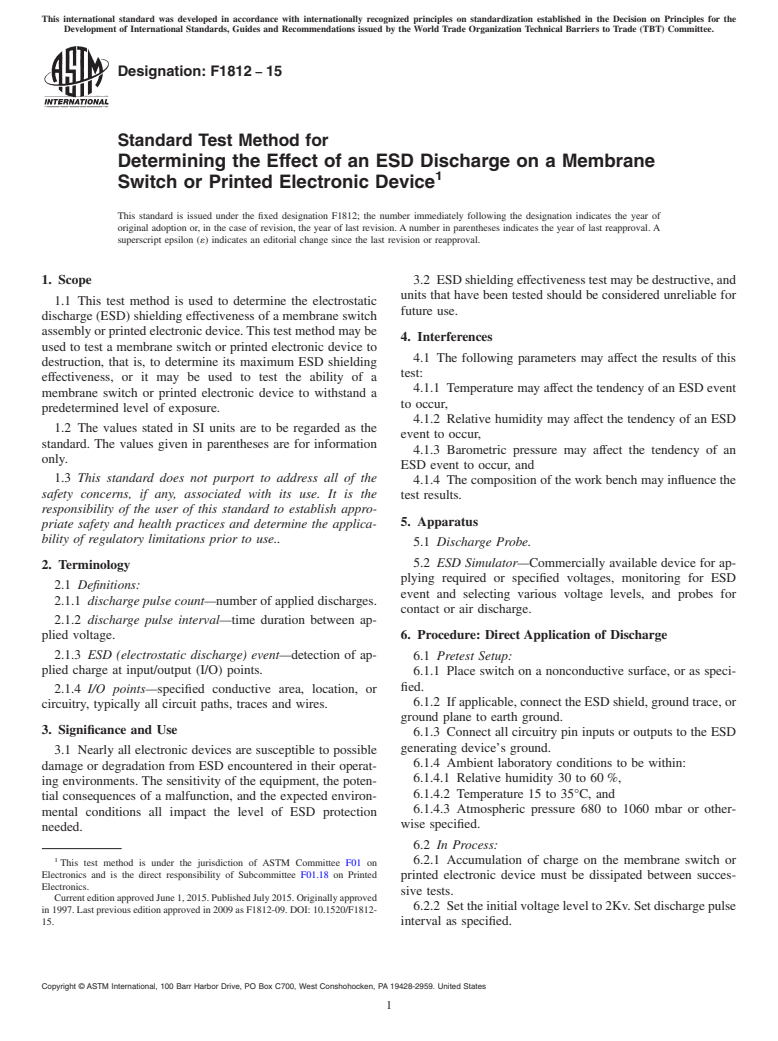 ASTM F1812-15 - Standard Test Method for  Determining the Effect of an ESD Discharge on a Membrane Switch  or Printed Electronic Device