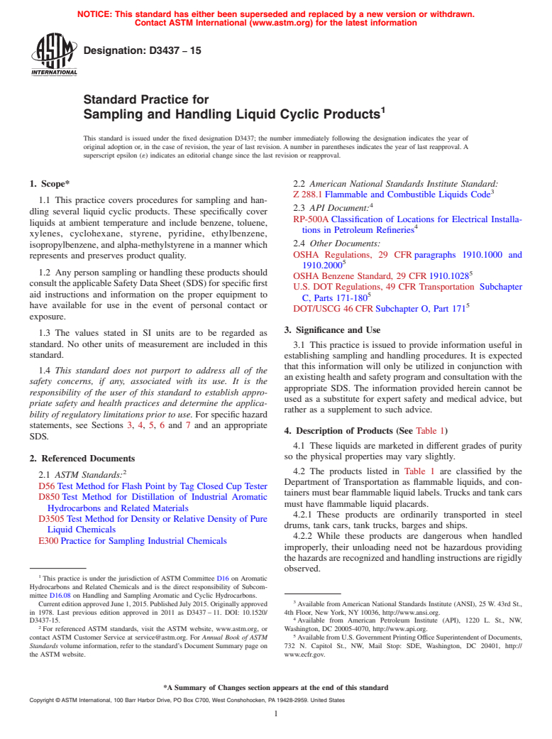 ASTM D3437-15 - Standard Practice for Sampling and Handling Liquid Cyclic Products