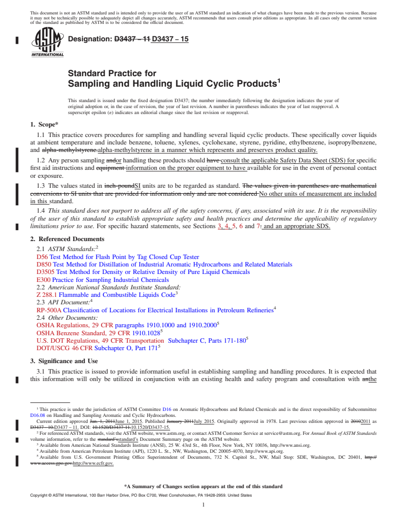 REDLINE ASTM D3437-15 - Standard Practice for Sampling and Handling Liquid Cyclic Products