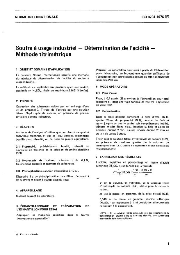 ISO 3704:1976 - Soufre a usage industriel -- Détermination de l'acidité -- Méthode titrimétrique