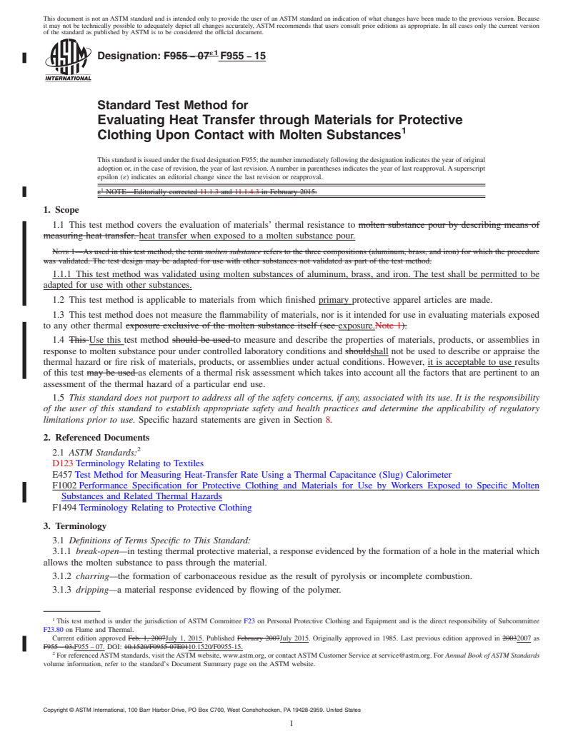 REDLINE ASTM F955-15 - Standard Test Method for  Evaluating Heat Transfer through Materials for Protective Clothing  Upon Contact with Molten Substances