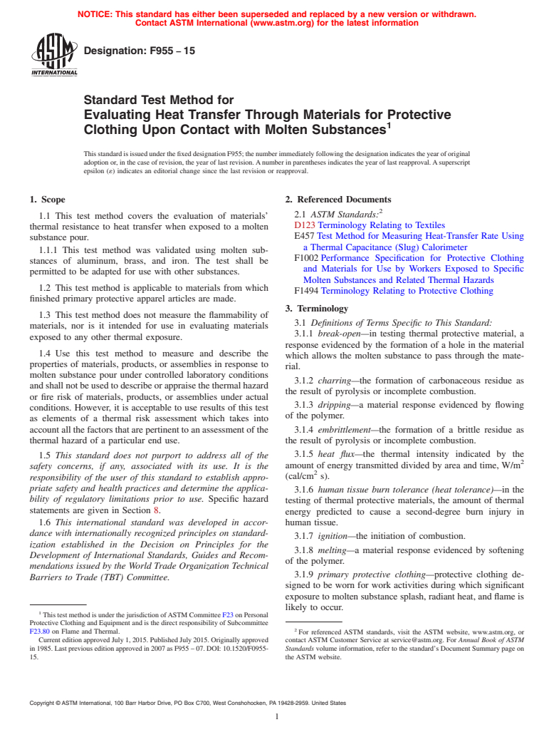 ASTM F955-15 - Standard Test Method for  Evaluating Heat Transfer through Materials for Protective Clothing  Upon Contact with Molten Substances