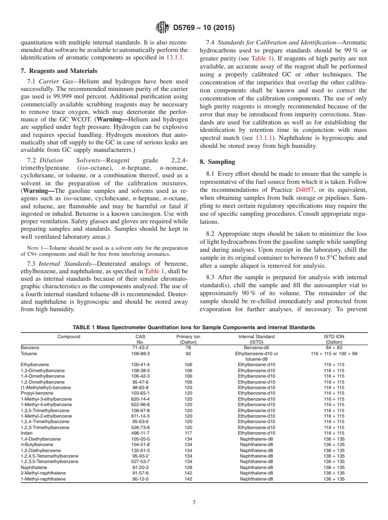 ASTM D5769-10(2015) - Standard Test Method for  Determination of Benzene, Toluene, and Total Aromatics in Finished   Gasolines by Gas Chromatography/Mass Spectrometry