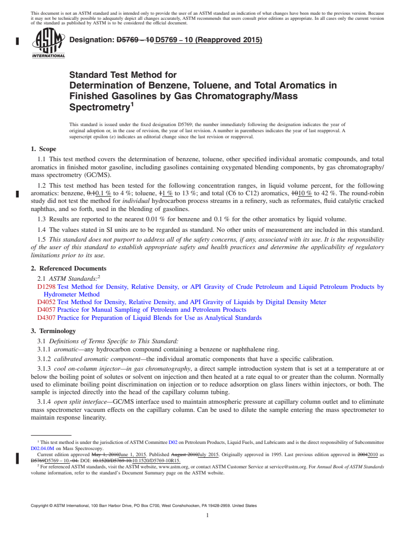 REDLINE ASTM D5769-10(2015) - Standard Test Method for  Determination of Benzene, Toluene, and Total Aromatics in Finished   Gasolines by Gas Chromatography/Mass Spectrometry