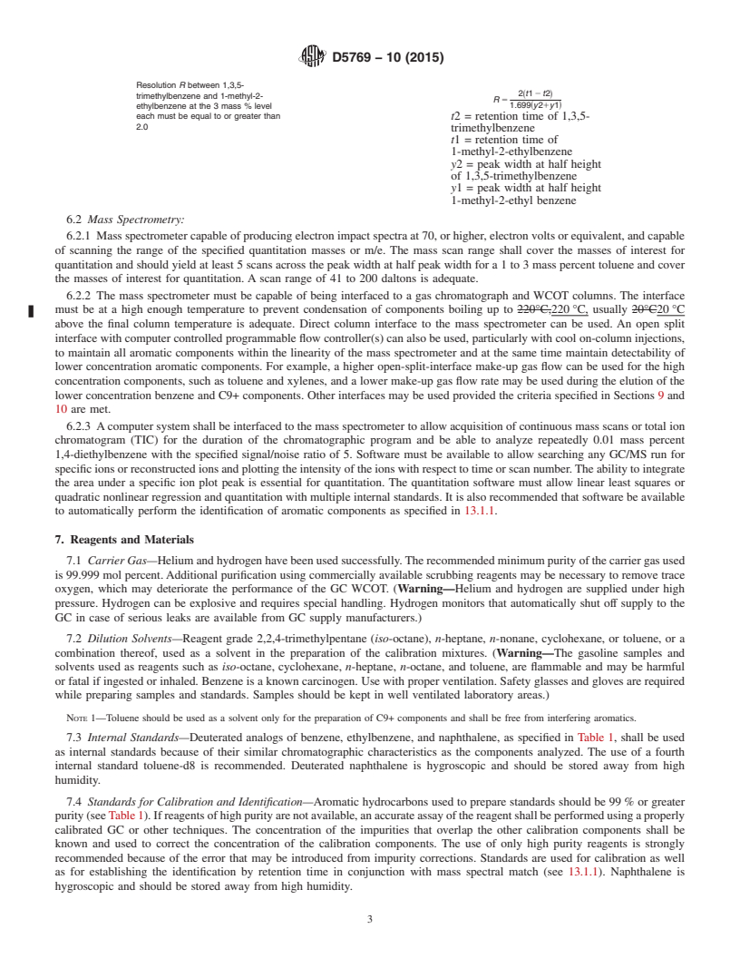 REDLINE ASTM D5769-10(2015) - Standard Test Method for  Determination of Benzene, Toluene, and Total Aromatics in Finished   Gasolines by Gas Chromatography/Mass Spectrometry