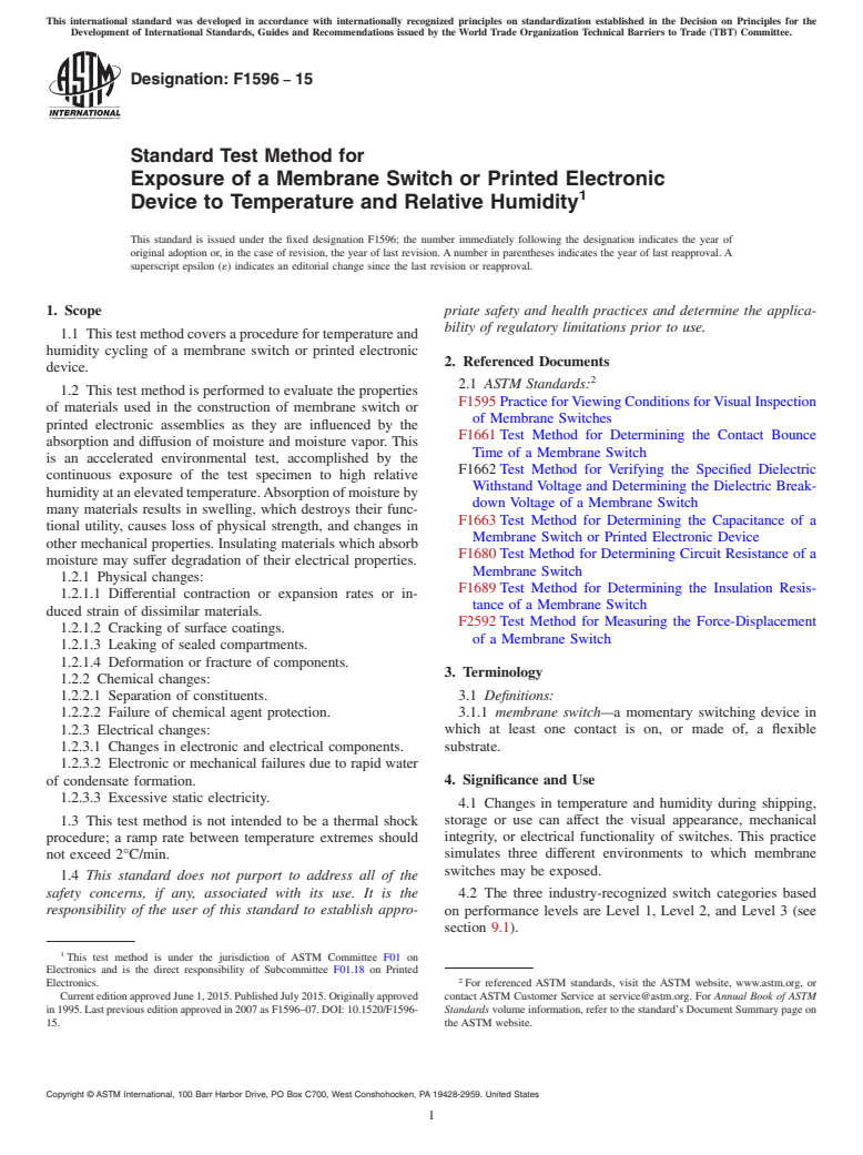 ASTM F1596-15 - Standard Test Method for  Exposure of a Membrane Switch or Printed Electronic Device  to Temperature and Relative Humidity