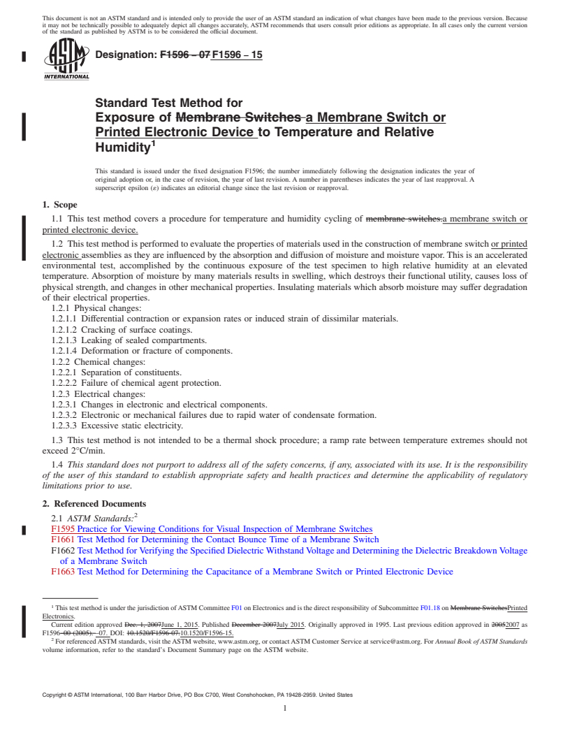 REDLINE ASTM F1596-15 - Standard Test Method for  Exposure of a Membrane Switch or Printed Electronic Device  to Temperature and Relative Humidity